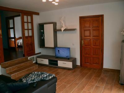 Modern living room with wooden floor, TV, sofa, and wood-paneled doors.