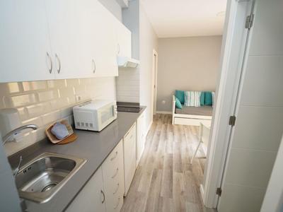 Kleine Küchenzeile mit Spüle, Mikrowelle und Schrank, Blick in einen Raum mit Sofa und Kissen.