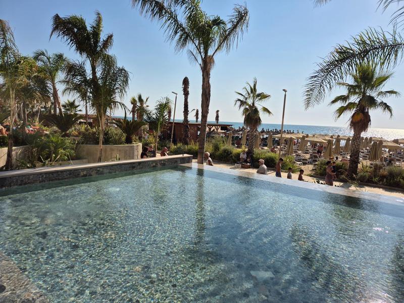 Ein klarer Pool mit Palmen umgeben, Blick auf Strand und Meer unter blauem Himmel.