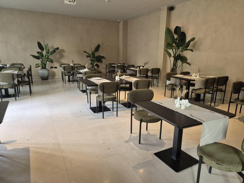 Großer, heller Raum mit vielen Tischen, Stühlen und großen Pflanzen an den Wänden.