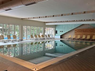 Piscina coperta luminosa con saune, grandi finestre e soffitto in legno in un hotel.