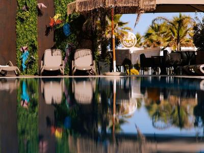 Moderní bazénová oblast s lehátky a slunečníky před budovou pokrytou břečťanem a palmami.