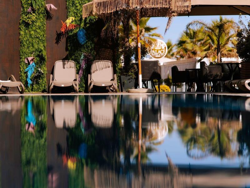 Moderní bazénová oblast s lehátky a slunečníky před budovou pokrytou břečťanem a palmami.