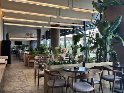 Modernes Hotelrestaurant mit Holzstühlen, runden Tischen und üppiger grüner Pflanzenpracht.