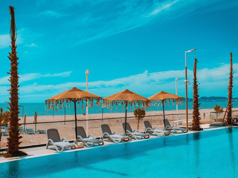 Infinity pool with lounge chairs and umbrellas, palm trees, and sea view under a blue sky
