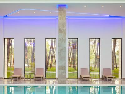 Moderner Innenpool mit großen schmalen Fenstern, grauem Pfeiler und blauer LED-Beleuchtung.