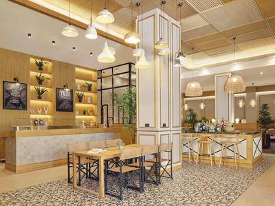 Modernes Café mit Holz- und Marmormöbeln, warmem Licht, Pflanzen und dekorativen Pendelleuchten.