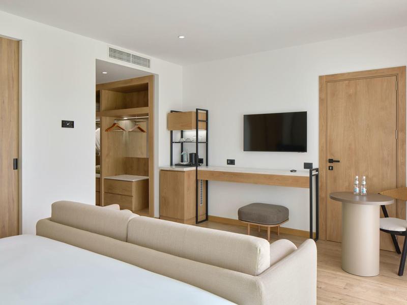 Helles Zimmer mit Sofa, Schreibtisch, Fernseher, offenem Kleiderschrank und Holzmöbeln.