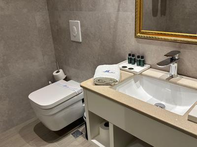 Modernes Badezimmer mit Wand-WC, Waschbecken, Spiegel und Toilettenartikel in einem Hotel.