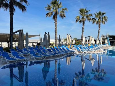 Ein ruhiger Poolbereich mit blauen Liegestühlen unter Palmen an einem sonnigen Tag.