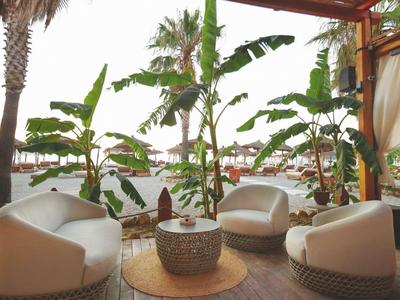 Gemütliche Lounge-Stühle unter einem Pavillon mit Blick auf tropische Bäume und Strand.