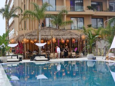 Modern hotel pool with lounge chairs and a bar under palm trees in the background