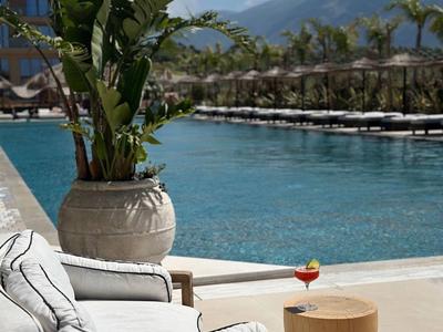 Luxurious pool area with relaxing lounge chairs and tropical plants.