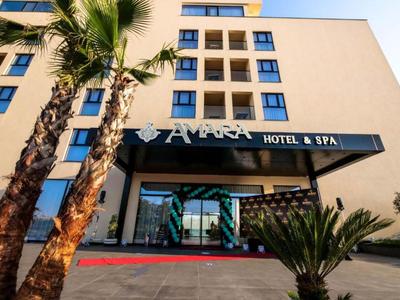 Entree van een hotel met bord 'Amara Hotel & Spa' en palmbomen ervoor