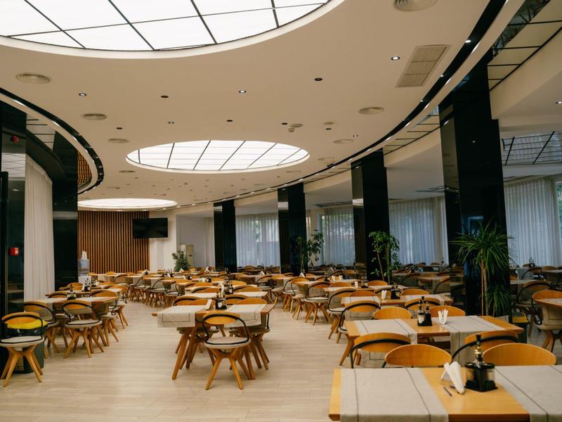 Large modern breakfast room with wooden tables and chairs, bright daylight, and elegant decor.