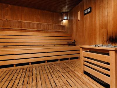 Interior de una sauna de madera con bancos y una estufa de sauna con piedras.