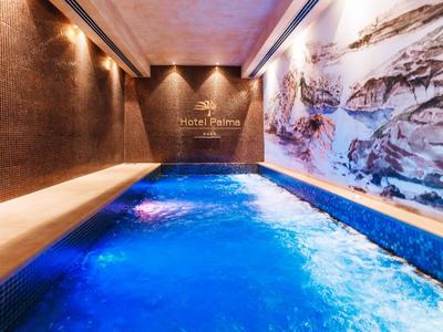 Innenpool in modern gestaltetem Wellnessbereich mit blau beleuchtetem Wasser und Felswanddekor.