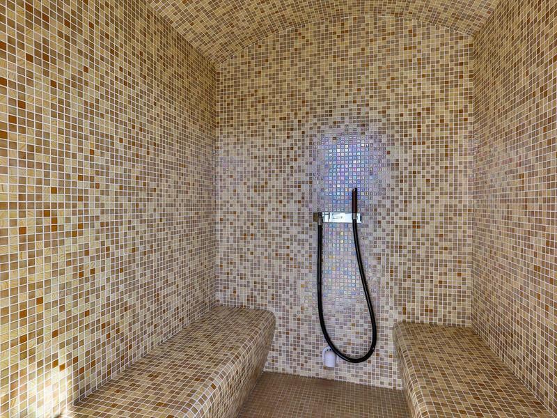 Sauna room with mosaic tiles and two benches