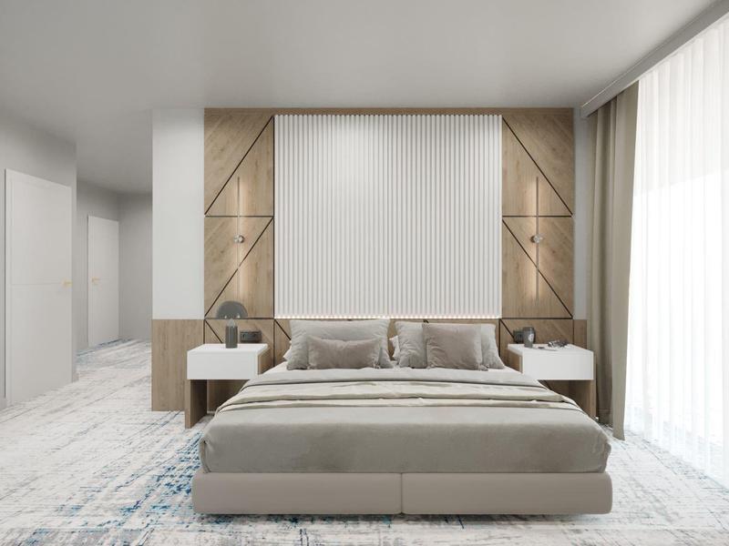 Camera da letto moderna con letto grande, comodini e una grande finestra con tende