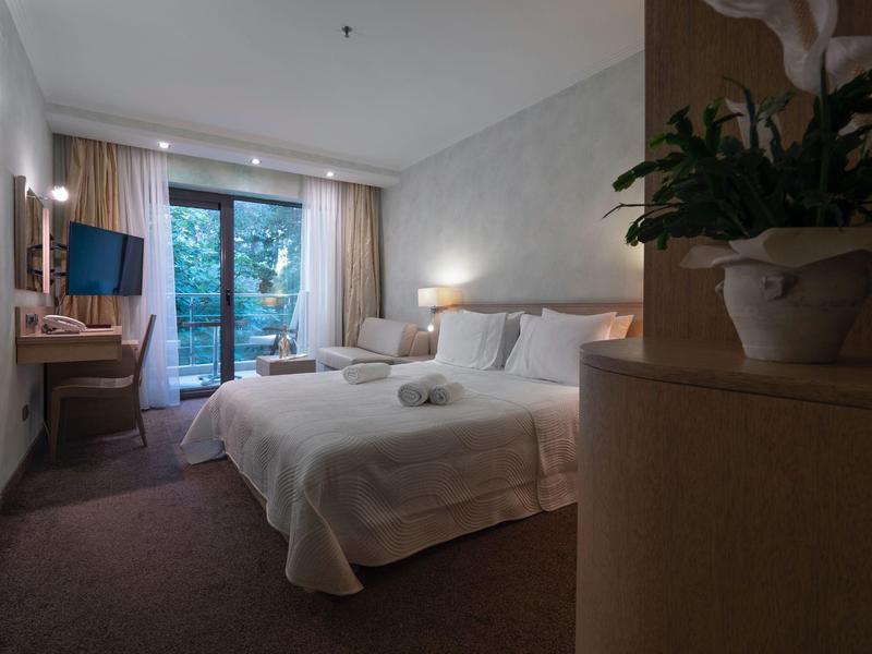 Habitación de hotel moderna con cama doble, escritorio, televisor y balcón con vistas a la naturaleza.