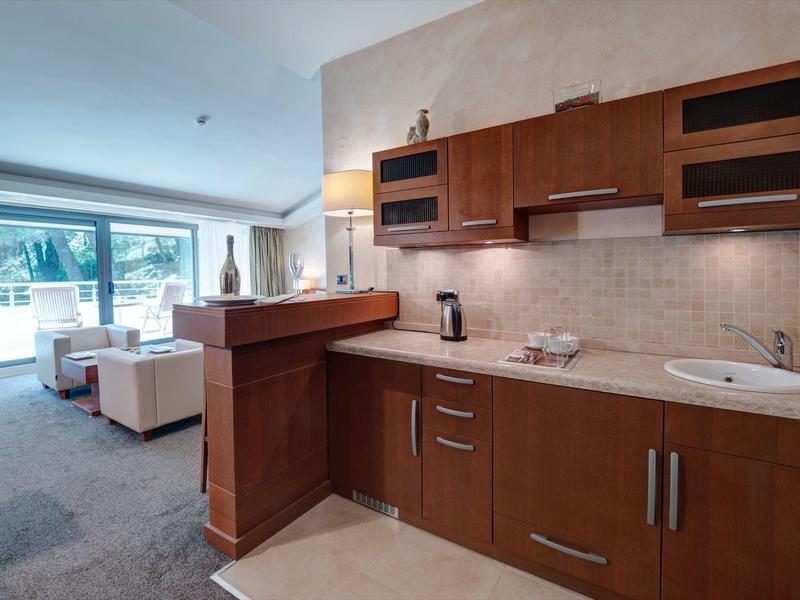 Cocina moderna con frente de madera en un apartamento vacacional con vista a la sala.