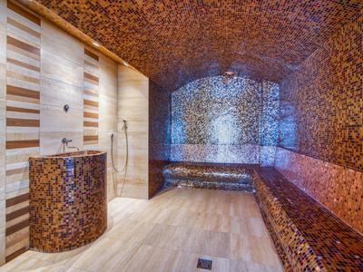 Moderner Spa-Raum mit Mosaikfliesen, Sauna-Bänken und einer Dusche an der Wand.
