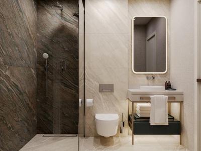 Modernes Hotelbad mit Glasdusche, Wandtoilette und Waschbecken mit Spiegel.