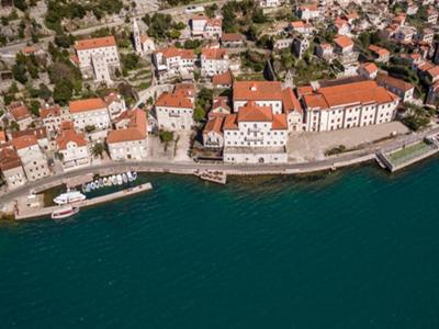 Aerial view of a historic coastal town with red roofs and fishing boats on the water.