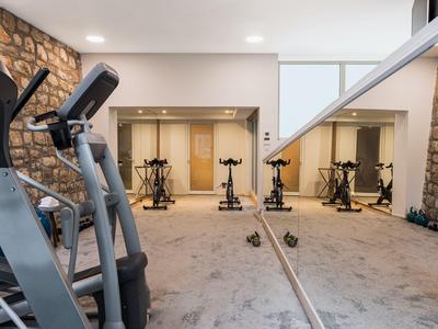 Modern gym with mirrored wall, treadmill, and stationary bikes against stone walls.