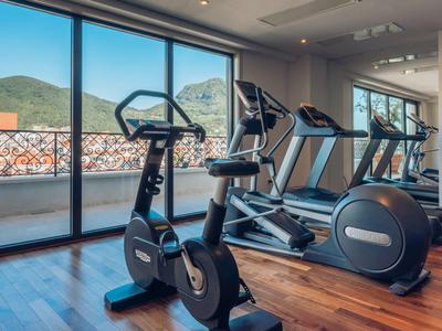 Gym with exercise bike and treadmills in front of large windows with mountain view.