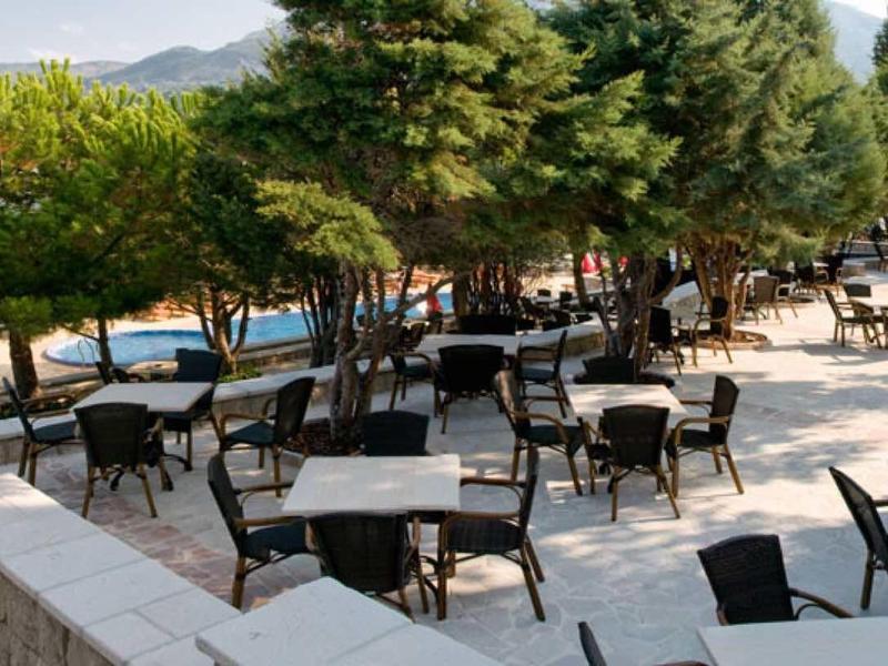 Terrace with black tables and chairs under trees overlooking the sea.