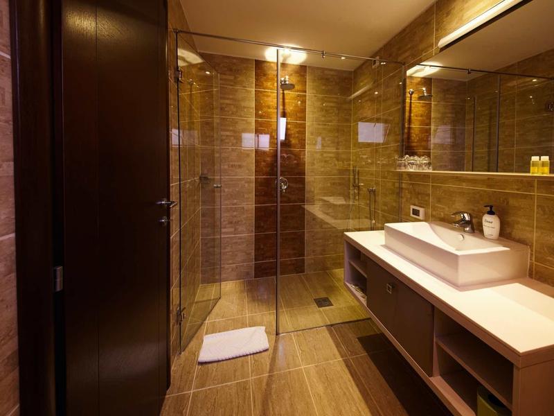 Modern bathroom with walk-in shower, large sink, and warm wood tones.