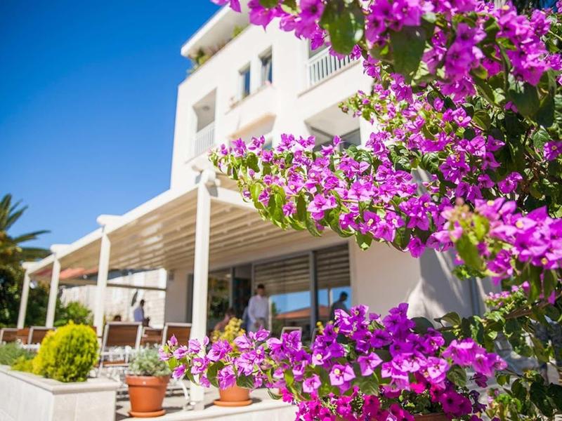 Weißes Gebäude mit Terrasse, blühenden pinken Blumen im Vordergrund und blauem Himmel im Hintergrund.