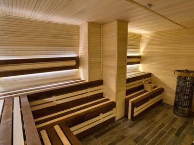 Moderne Sauna mit mehrstufigen Holzbänken, Holzwänden und elektrischem Saunaofen.