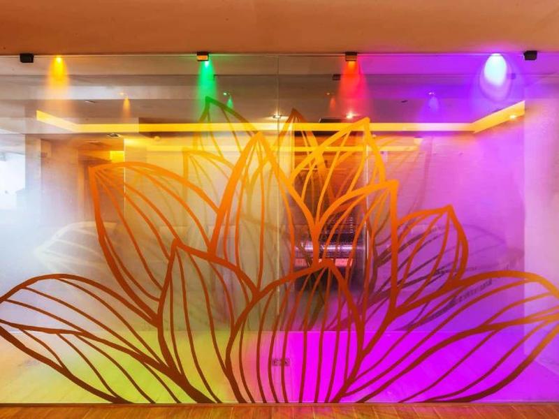 Glaswand mit großem, transparentem Blumenmotiv in warmen Farben und bunten Lichtern darüber.