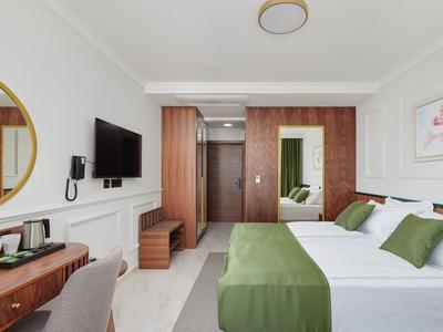 Habitación de hotel moderna con cama doble, ropa de cama verde, espejo, TV y armario.