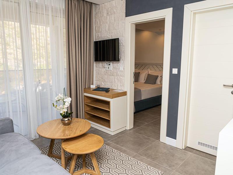 Wohnzimmer mit grauem Sofa, Holztischen, TV an der Wand und Blick in ein Schlafzimmer.