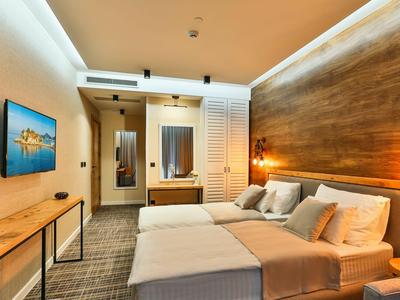 Modern hotelkamer met twee eenpersoonsbedden, houten muur, tv en neutrale verlichting.