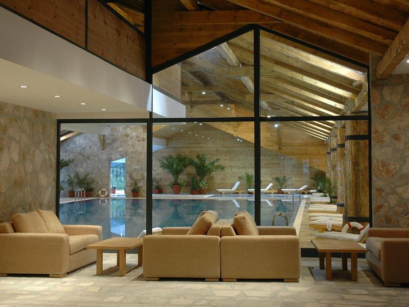 Gezellige lounge met leren banken en glasramen met uitzicht op een buitenzwembad.