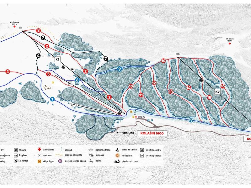 Ski-pistenkaart van Masartiga met diverse moeilijkheidsgraden, liften en faciliteiten.