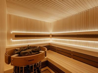 Moderne Sauna mit hellen Holzbänken, LED-Lichtleisten und zentralem Steinkorb.
