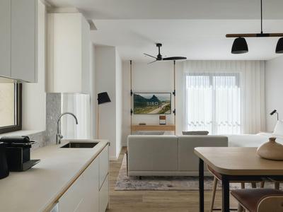 Helles, modernes Wohnzimmer mit offener Küche, Esstisch und großer Fensterfront.