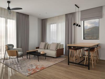 Helles Wohnzimmer mit Sofa, Stuhl, Teppich und Esstisch mit Stühlen vor großen Fenstern.