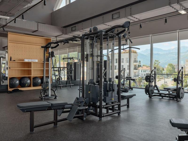 Moderner Fitnessraum mit Kraftstation, Hantelbänken und großem Fenster mit Bergblick.