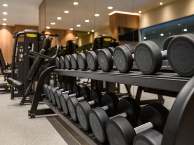 Salle de sport lumineuse d'hôtel avec une rangée d'haltères bien rangés.