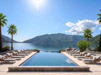 Piscine à débordement avec chaises longues offrant une vue sur montagne et lac par temps ensoleillé.