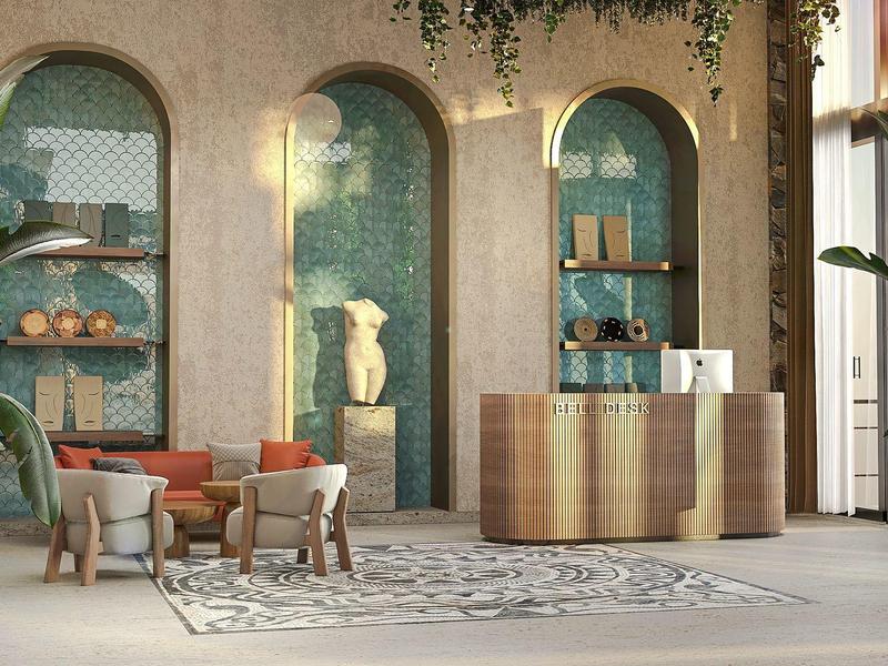 Eleganter Hotellobby-Bereich mit geschwungener Rezeption, Sitzgelegenheiten und grünen Pflanzen.