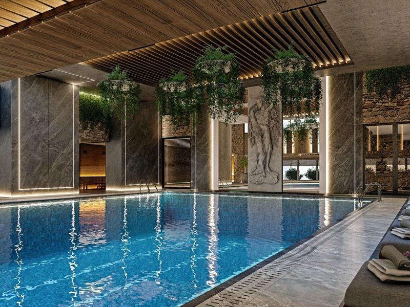 Moderner Indoor-Pool mit Holzdecke, Lounge-Bereich und grünen Pflanzen an der Wand