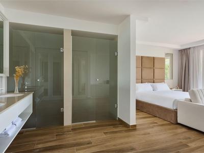 Jasny pokój hotelowy z łóżkiem podwójnym, sofą, szklaną prysznicem i drewnianą podłogą.