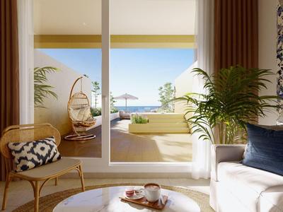 Modernes Wohnzimmer mit Blick auf eine Terrasse mit Pool und Meerblick.